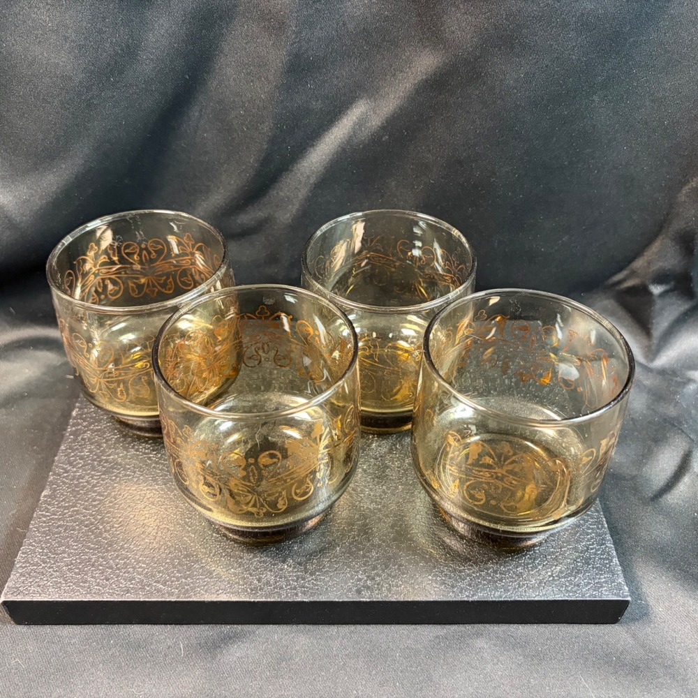Libbey Tawny Accent Rocks Glasses Set of 4 Gold Filigree Smoke Brown Vintage MCM